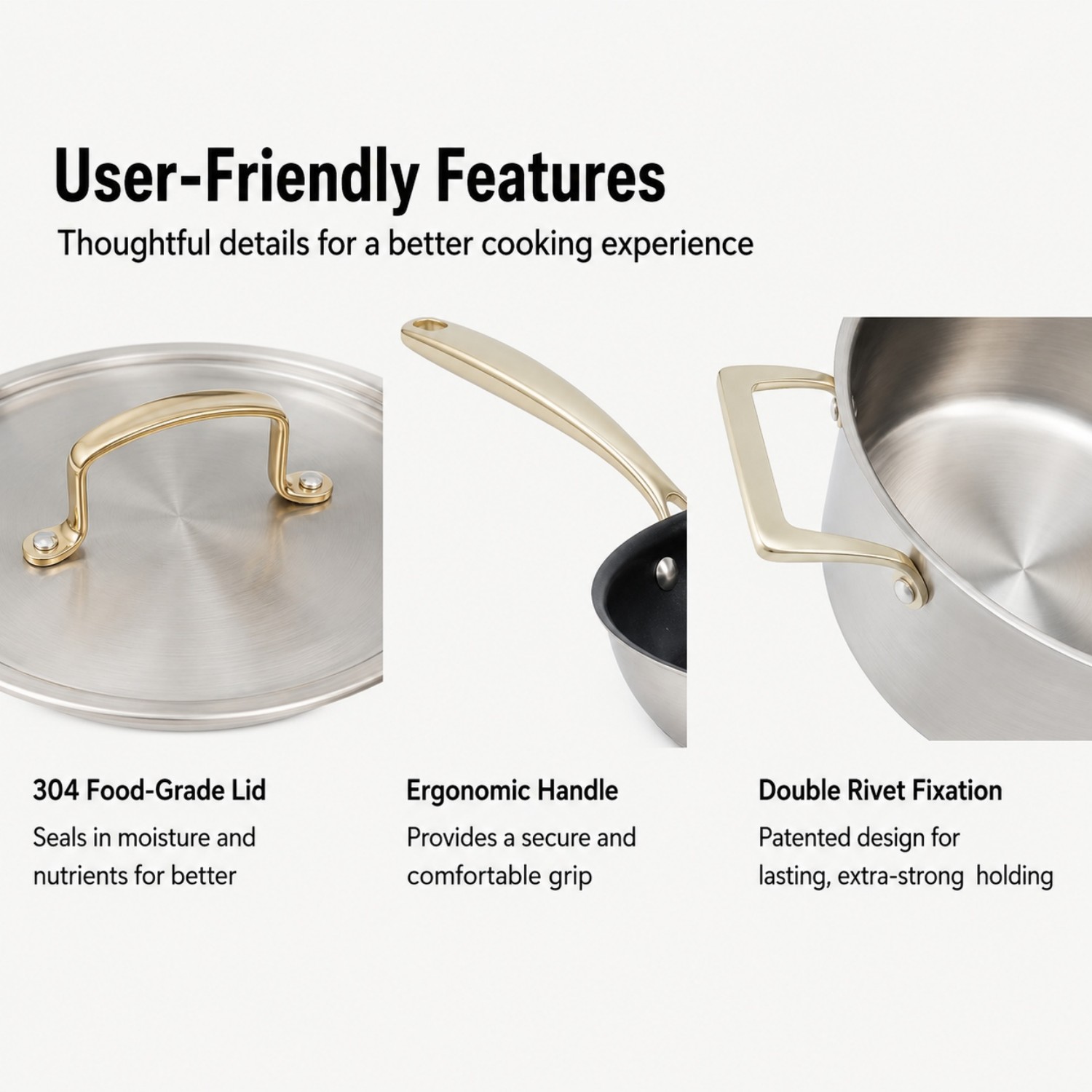 Factory New Arrival Stainless Steel Cookware Set with Golden Handle Cooking Pots Brazed Bottom Cookware Set Saucepan Casserole