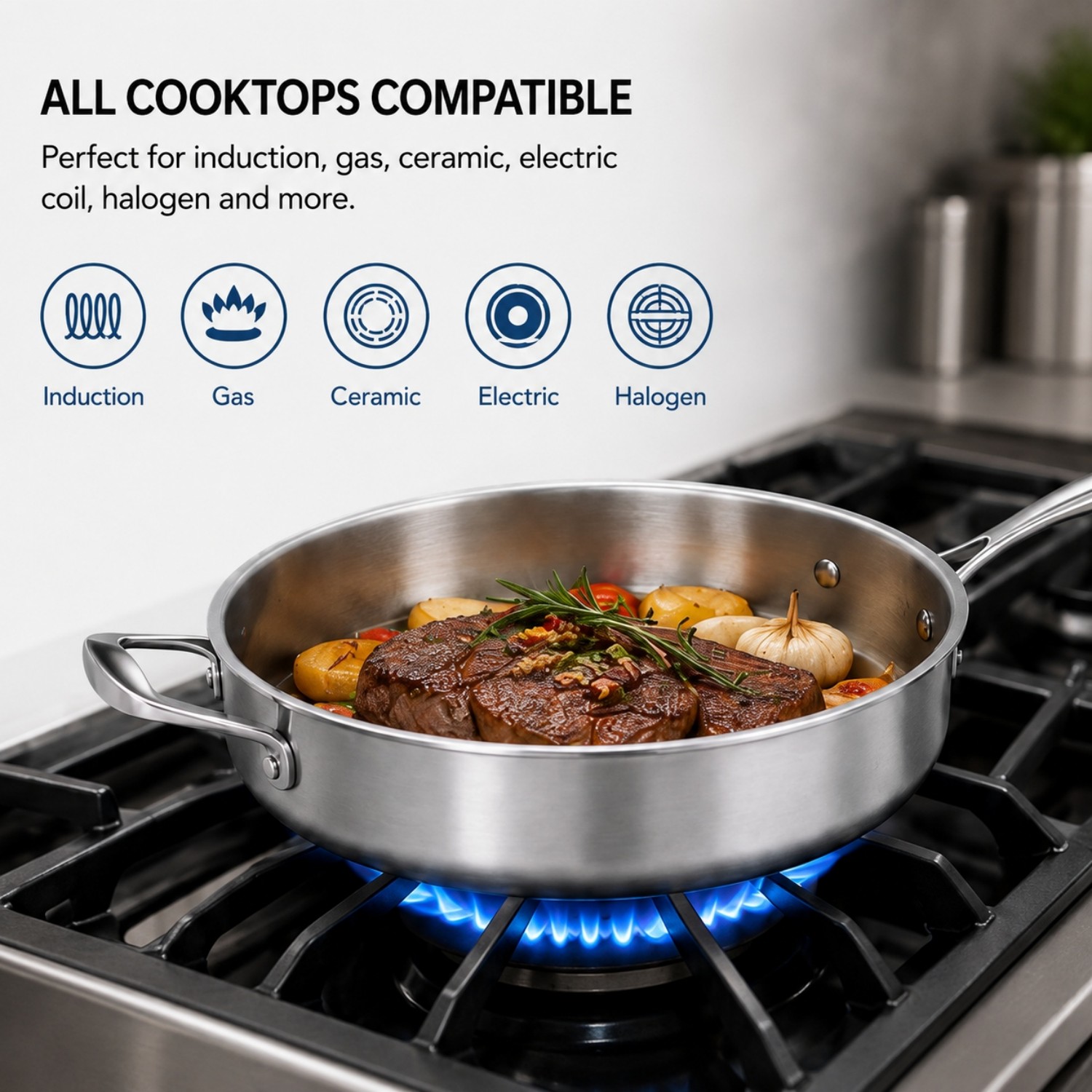 Factory New Arrival Multipurpose Tri-Ply Stainless Steel Saute Pan with Stainless Steel Cover And Helper Handle Deep Saute Pan