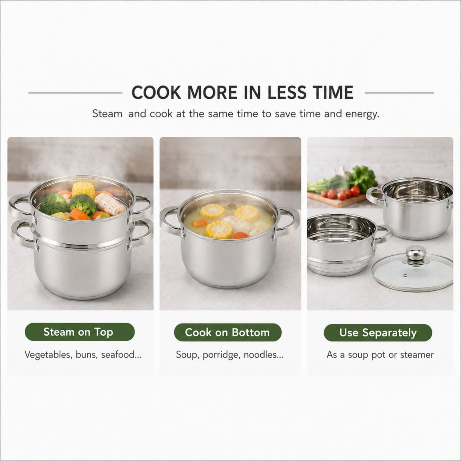 New Factory Custom Kitchen Stainless Steel Soup Steamer Pot Set With Glass Lid Stainless Steel Cooking Pot Set Cookware Sets
