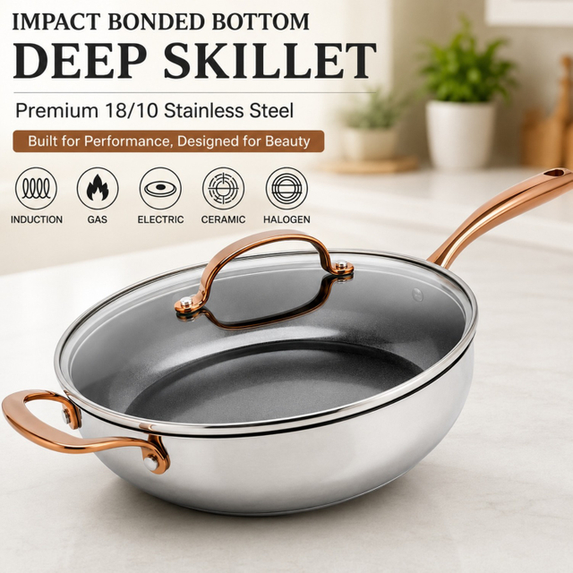 2026 New Multipurpose Impact Bonded Bottom Stainless Steel Saute Pan with Cover And Helper Handle Stainless Steel Deep Saute Pan