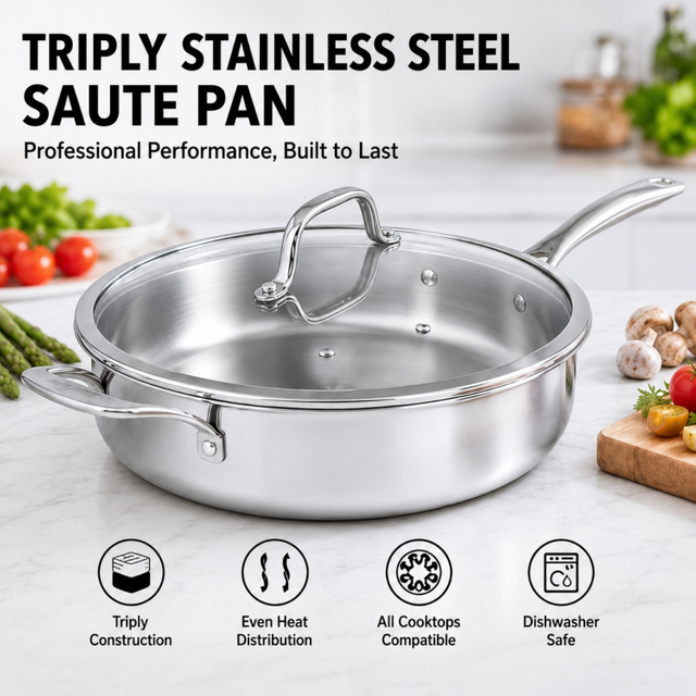Hot Sale Factory New Arrival Non-coating Triply Stainless Steel Saute Pan Stainless Steel Pan with Handle Cooking Pots Skillets