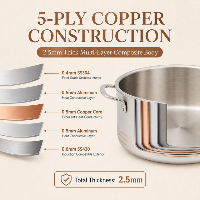 Factory Supply 5-ply Copper Pots 10 PCS Cookware Set With Stainless Steel Lid 5-ply Copper Pots Casserole Fine-line Design