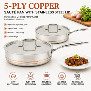 Factory Supply Wholesale 5-ply Copper Saute Pan Kitchen Cooking 5-ply Copper Frypan with Stainless Steel Lid Fine-line Design