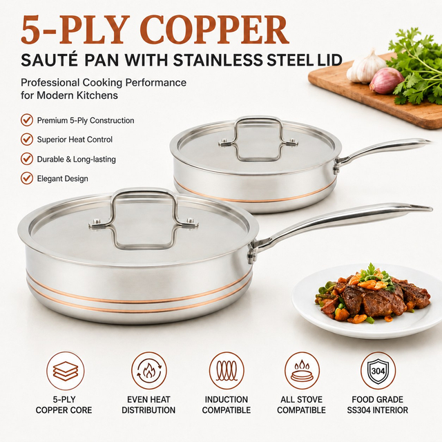 Factory Supply Wholesale 5-ply Copper Saute Pan Kitchen Cooking 5-ply Copper Frypan with Stainless Steel Lid Fine-line Design