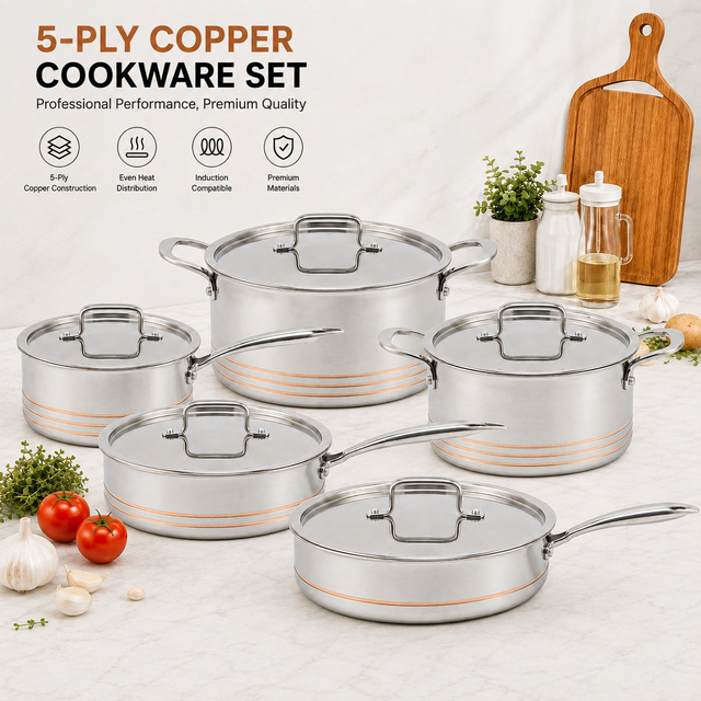 Factory New Arrival 10 Pieces 5-ply Copper Cookware Sets 5-ply Kitchen Cooking Pot with Stainless Steel Lid Fine-line Design