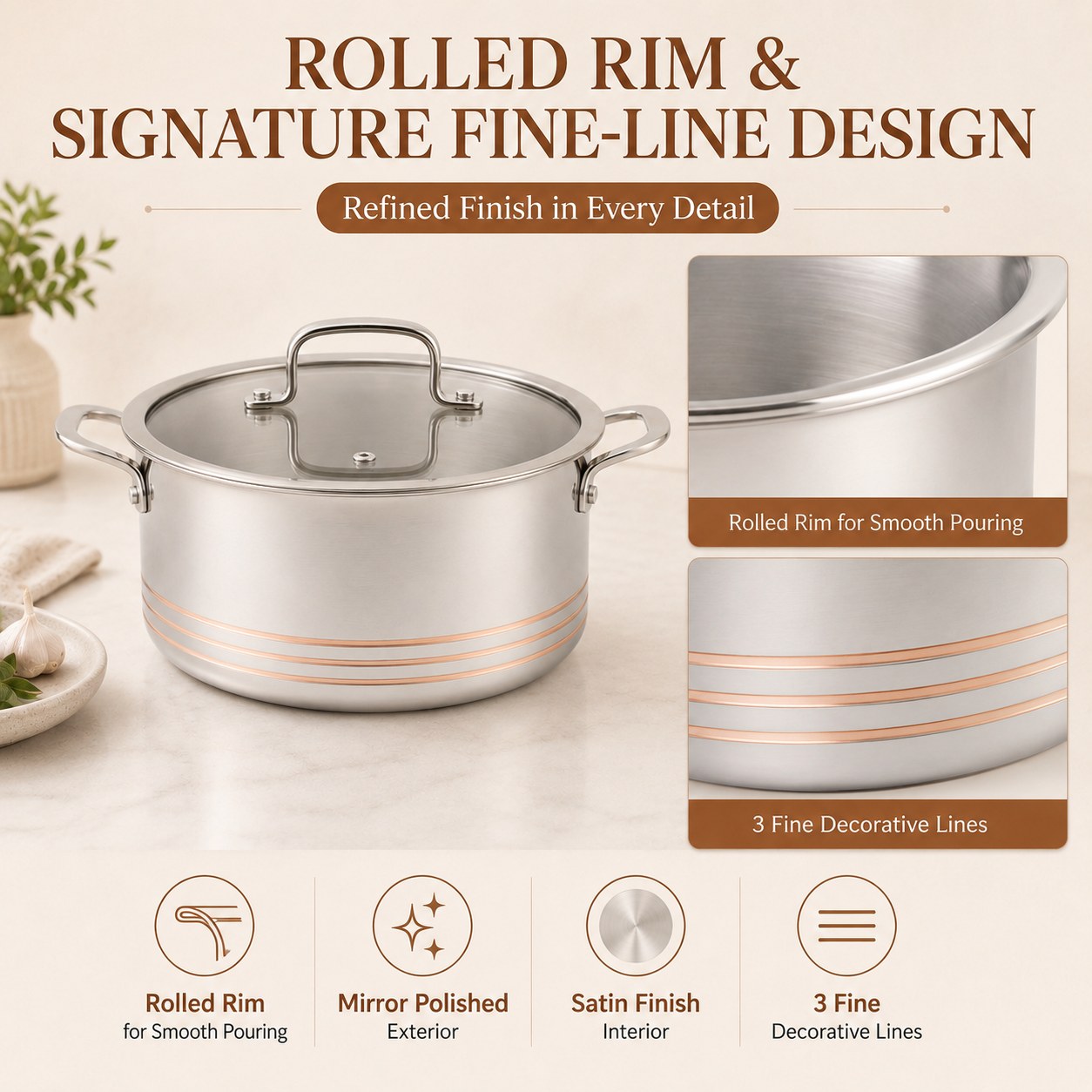 Factory Supply 5-ply Copper Pots and Pans 10 PCS Cookware Set With Handle and Lid 5-ply Copper Pots Casserole Fine-line Design