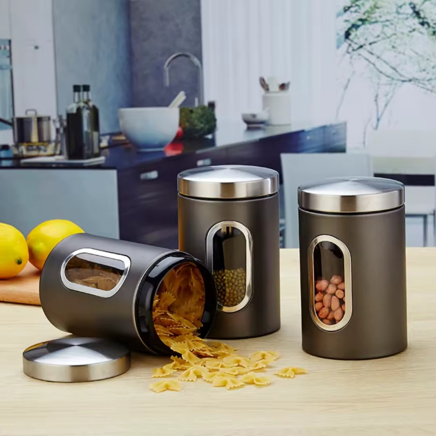 Kitchen Supplies Stainless Steel Storage Jars Visible Glass Sealed Jars Grain Tea Cans Food Storage Jars
