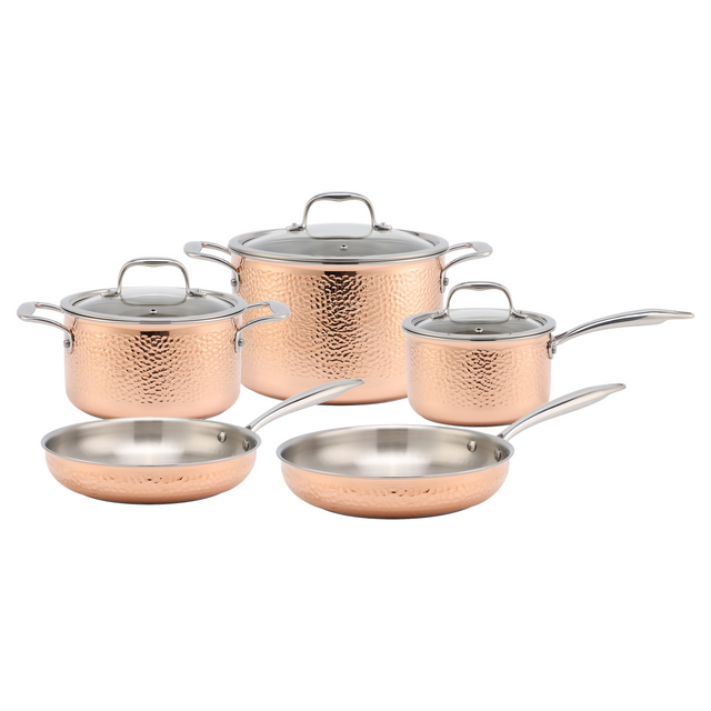 Factory Manufacturer's Modern 7pcs Tri-Ply Stainless Steel and Copper Pots and Pans Set Hammered Tri Ply Copper Cookware