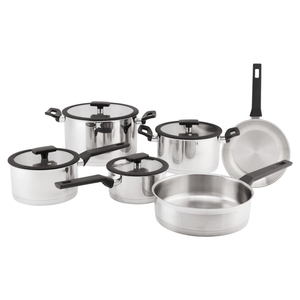 Wholesale Custom 9 Piece Nylon Black Handle Stainless Steel Impact Bonded Bottom Pots And Pans Non-Toxic Kitchen Cookware Set