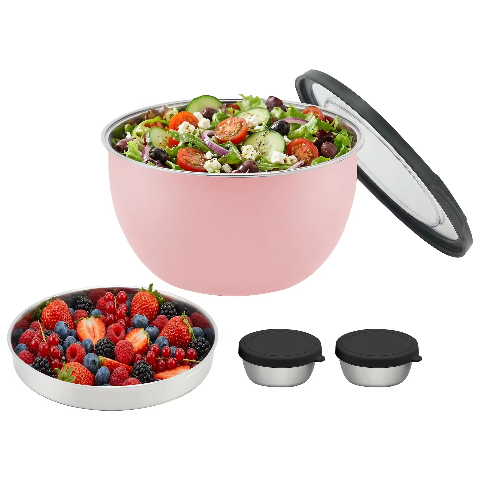 Wholesale Stainless Steel Salad Mixing Bowl Set With Tray Sauce Bowl Lid Home Kitchenware with Non-Slip Base Eco-Friendly