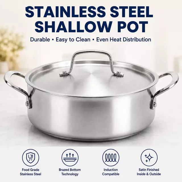 Factory Supply Stainless Steel Shallow Pot Set With Stainless Steel Handle & Lid Brazed Bottom Stockpot Suitable All Cooktops