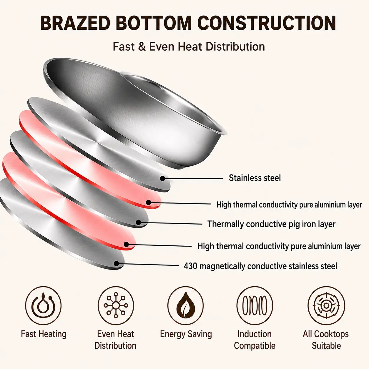 Factory New Arrival Stainless Steel Cookware Set with Bakelite Handle Cooking Pots and Pans Brazed Bottom Cookware Set Saucepan Casserole