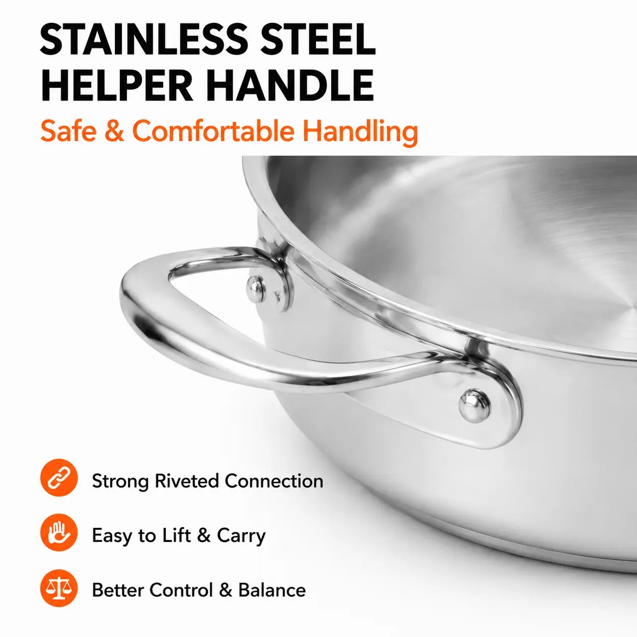 Factory New Arrival Brazed Bottom Stainless Steel Saute Pan with Stainless Steel Cover and Helper Handle Deep Saute Pan