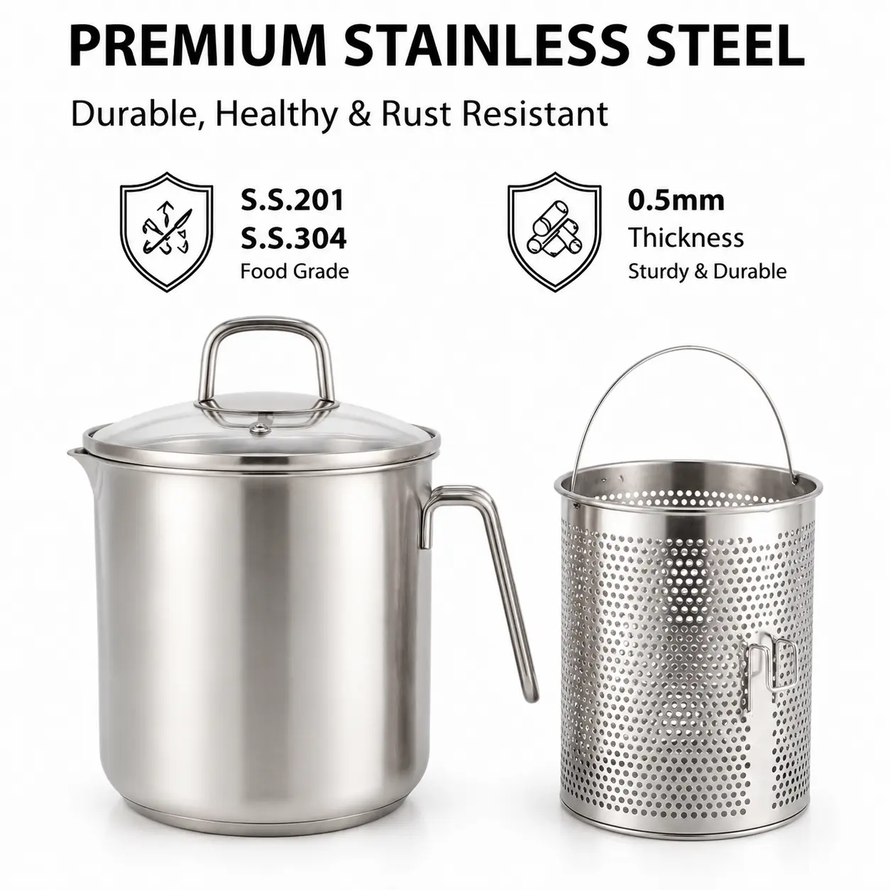Factory Supply Wholesale Stainless Steel Deep Fryer Pot Asparagus Pot with Lid & Inner Rack Basket Tall Body Pasta Pot