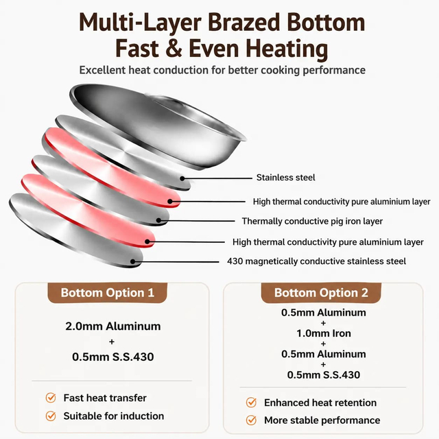 Factory Supply Stainless Steel Belly Shape Casserole Set With Stainless Steel Handle and Glass Lid Brazed Bottom Pots Casserole