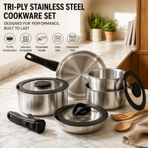 10PCS Pots and Pans Set Tri-ply Stainless Steel Cookware Set Detachable Handle Induction Pot and Pan Sets with Removable Handle