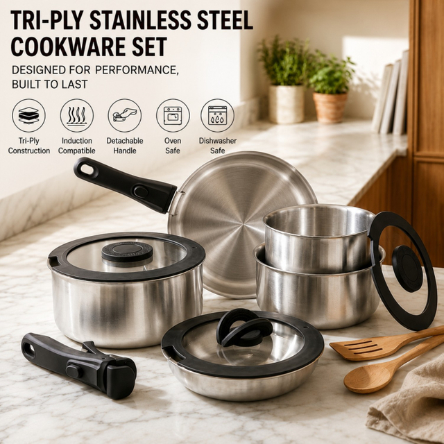 10PCS Pots and Pans Set Tri-ply Stainless Steel Cookware Set Detachable Handle Induction Pot and Pan Sets with Removable Handle