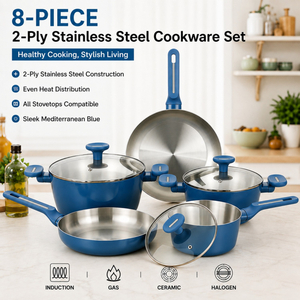 Factory Arrival Wholesale 8Pieces 2-ply Stainless Steel Cookware Sets Kitchen Cooking Pan with Bakelite Handle + Aluminum Sleeve