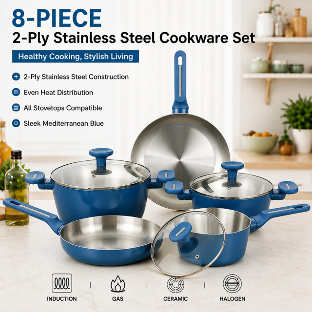 Factory Arrival Wholesale 8Pieces 2-ply Stainless Steel Cookware Sets Kitchen Cooking Pan with Bakelite Handle + Aluminum Sleeve