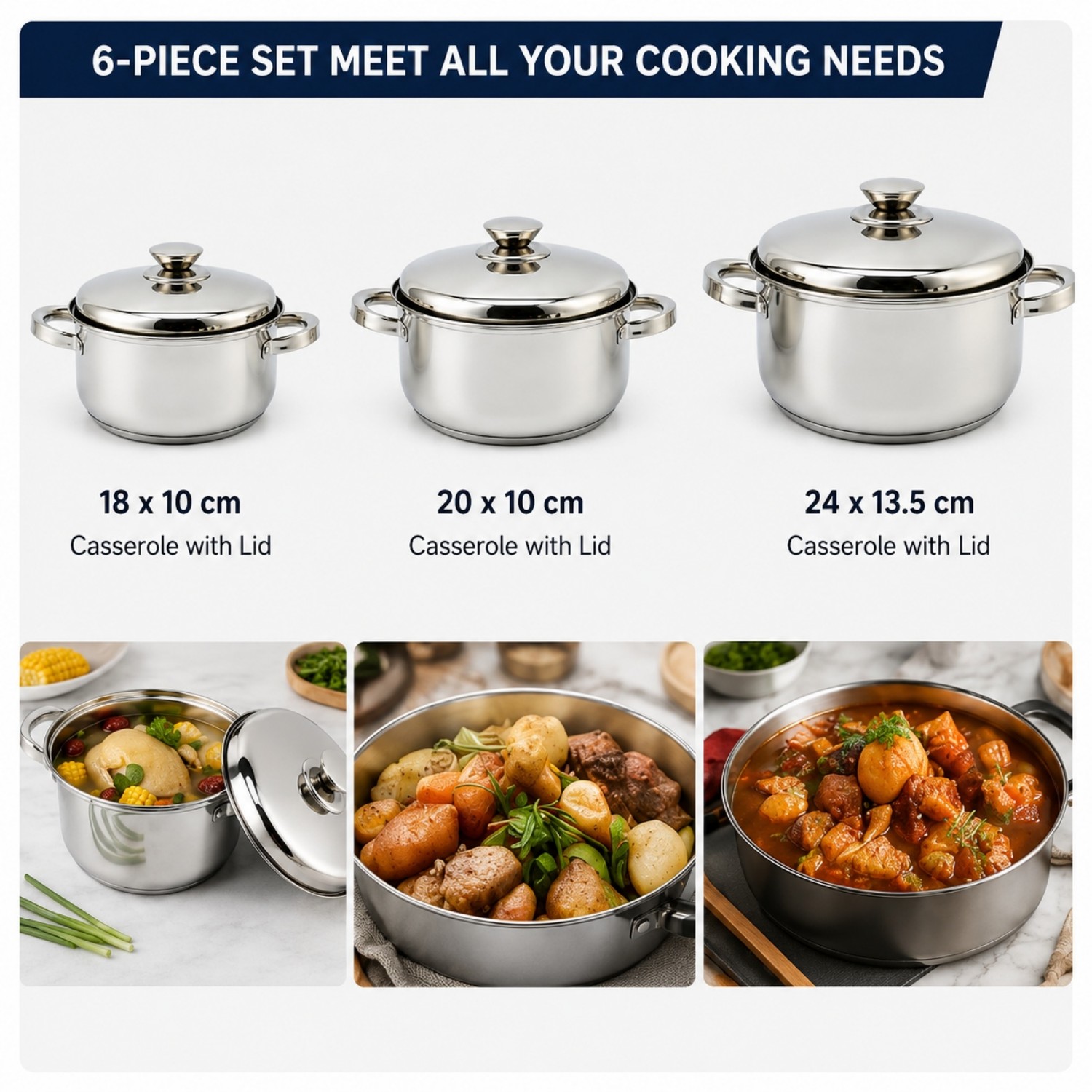 2026 Factory New Arrival Multipurpose Wholesale Custom Kitchen Stainless Steel Cooking Pot Casserole Set Pot 6 Pieces Cookware Sets