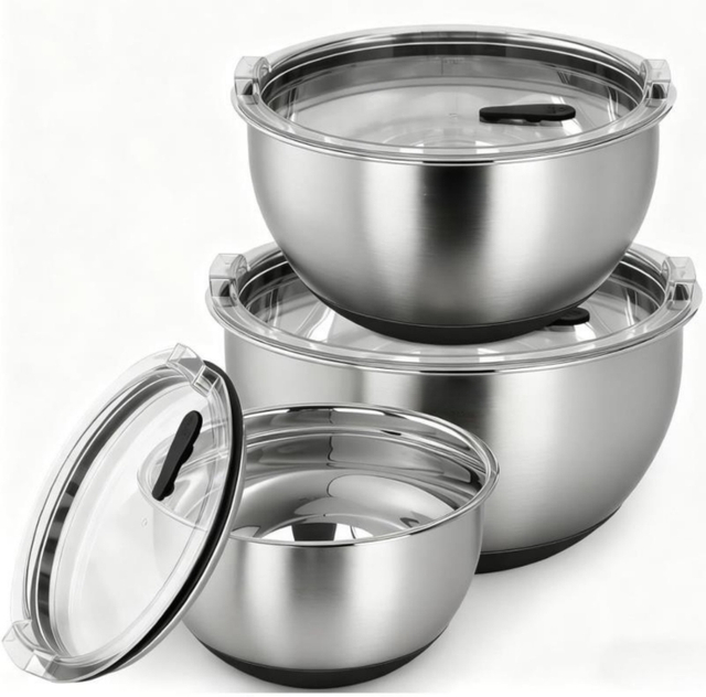  Factory New Arrival Stainless Steel Salad Mixing Bowl Set With Lid Home Kitchenware with Non-Slip Base Eco-Friendly Polished Metal
