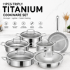 Factory New Arrival 11 Piece High Quality No Coating Tri-Ply Titanium Hammered Pots and Pans Cookware Set with Glass Lid
