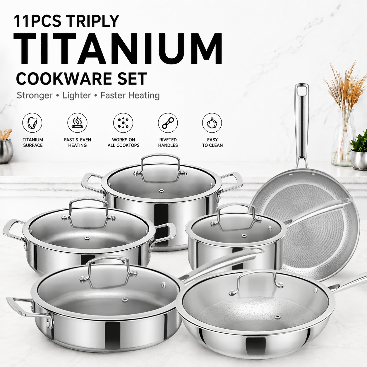Factory New Arrival 11 Piece High Quality No Coating Tri-Ply Titanium Hammered Pots and Pans Cookware Set with Glass Lid