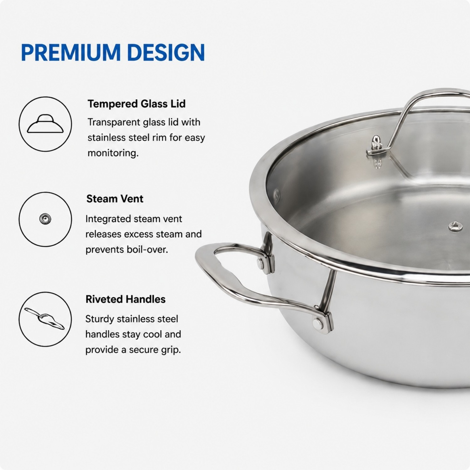 Factory New Arrival Tri-ply Stainless Steel Dutch Oven Cooking Pot Set Eco-Friendly Oven Safe Tempered Glass Lid Dishwasher Safe