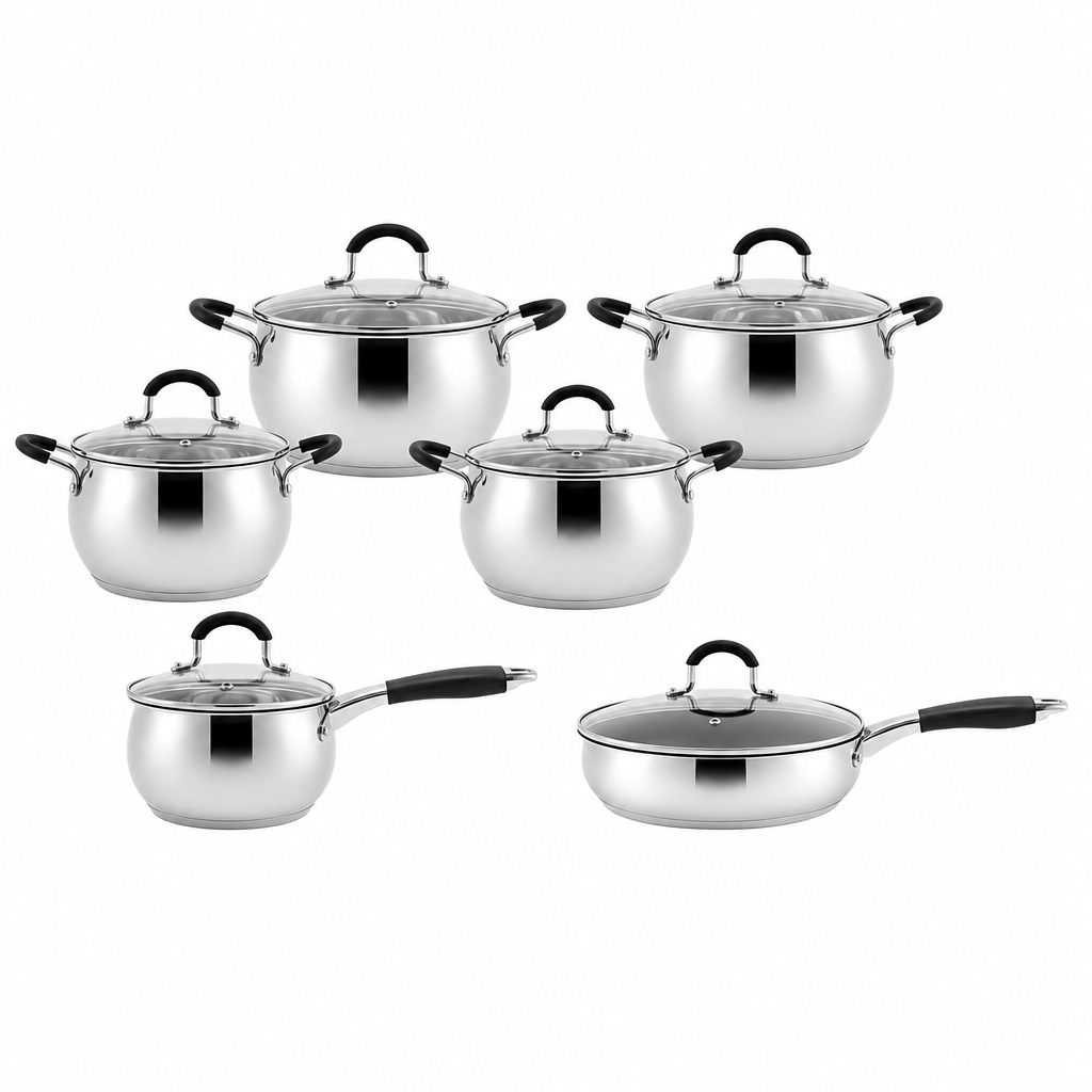 Factory New Arrival 12 PCS Stainless Steel Cookware Set with Handle Brazed Bottom Cookware Set Apple Shape Cookware Casserole