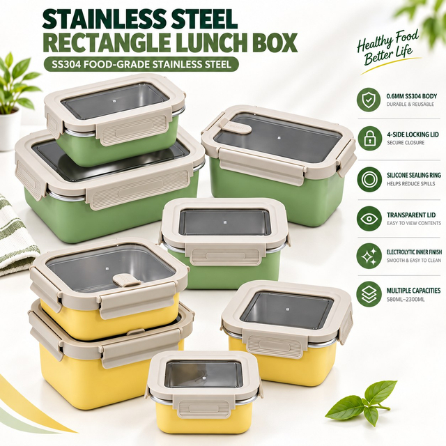 New Design Factory 304 Stainless Steel Fresh-keeping Lunch Box Transparent Lid Leak-proof Food Grade Microwave Sealed Box