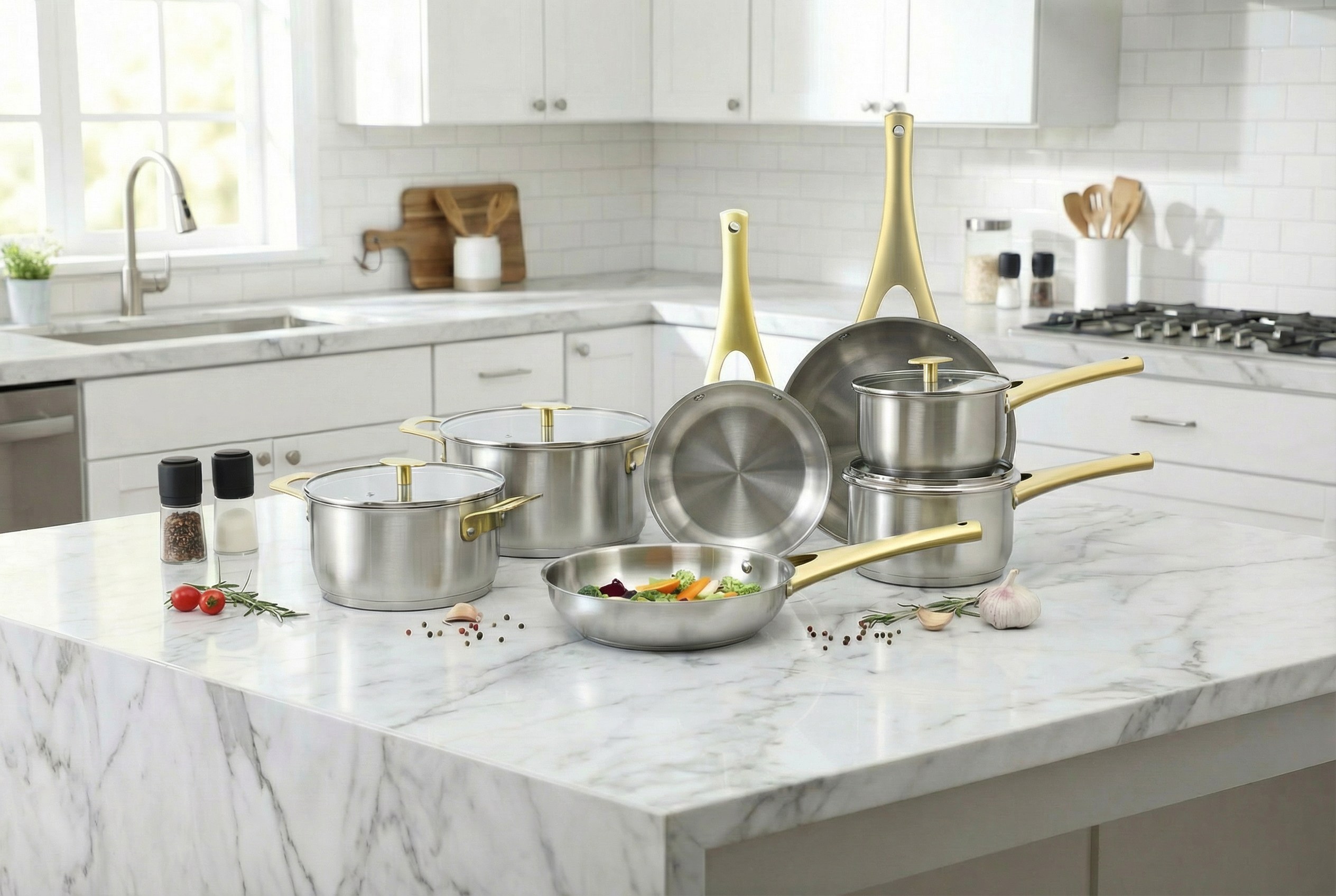 Factory New Arrival Stainless Steel Cookware Set with Golden Handle Cooking Pots Brazed Bottom Cookware Set Saucepan Frypan