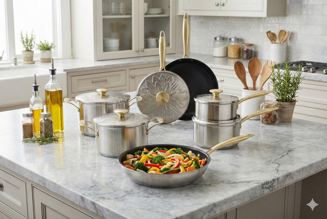 Factory Direct Sales Stainless Steel Kitchenware Golden Handle Cookware Set Cooking Pots Impact Bonded Bottom Cookware Set