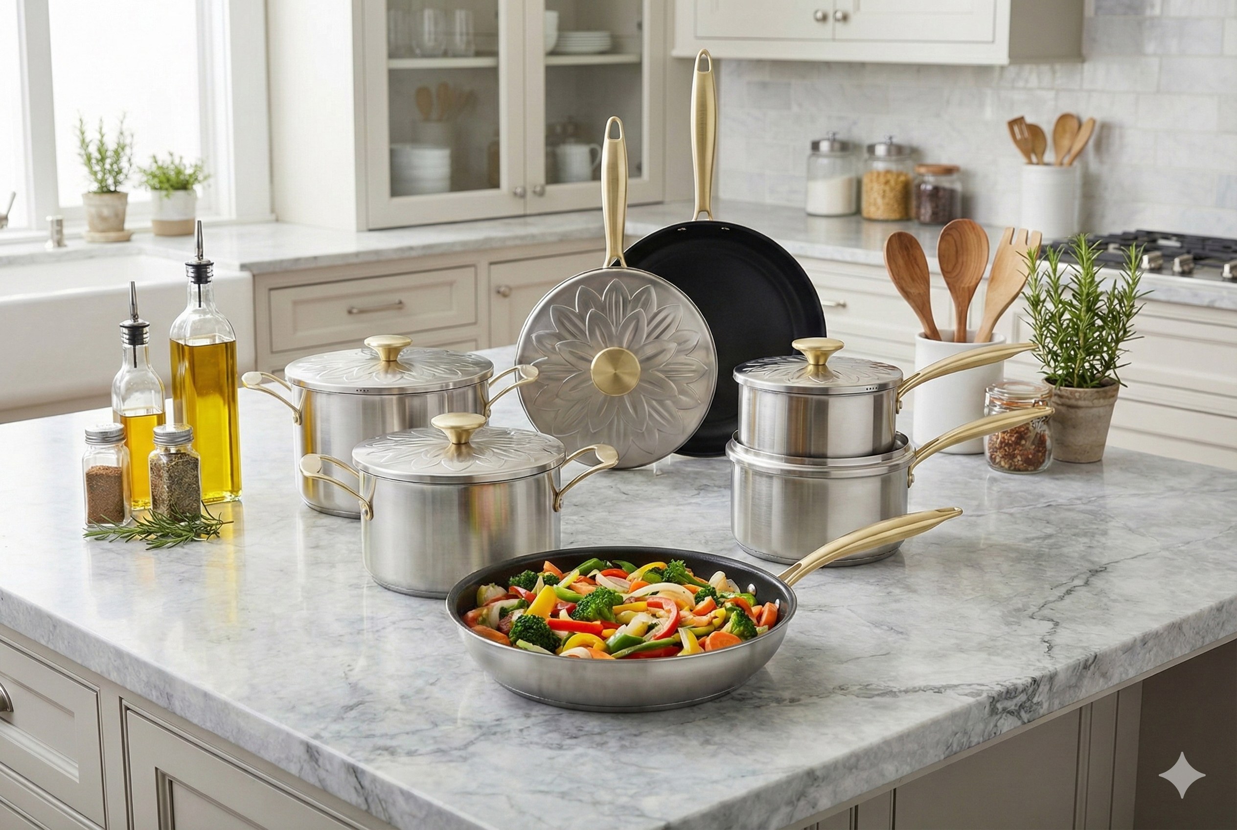 Factory Direct Sales Stainless Steel Kitchenware Golden Handle Cookware Set Cooking Pots Impact Bonded Bottom Cookware Set