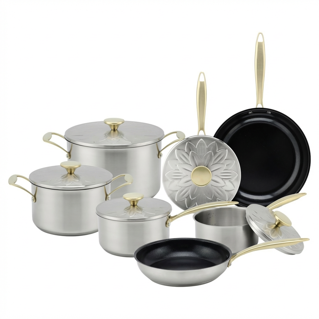 Factory Direct Sales Stainless Steel Kitchenware Golden Handle Cookware Set Cooking Pots Impact Bonded Bottom Cookware Set