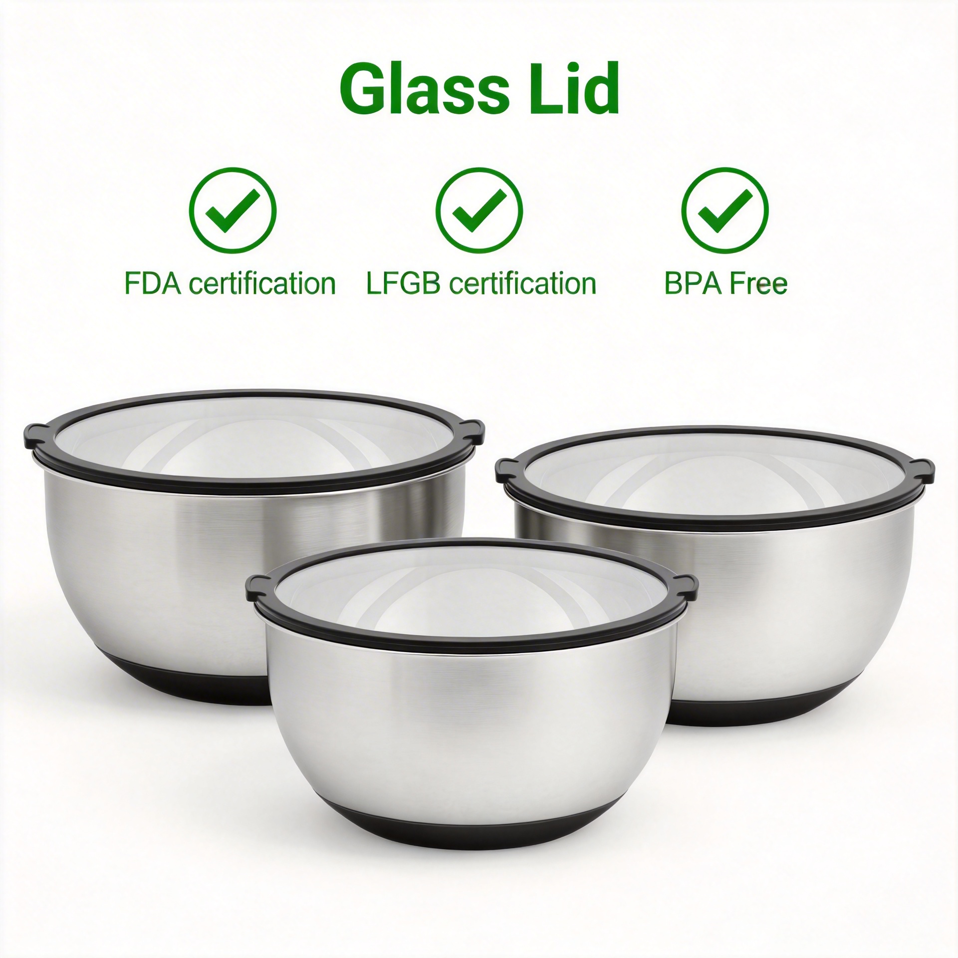 Customized Mixing Bowls Set 3QT 5QT Stainless Steel Mixing Bowl With Glass Lid
