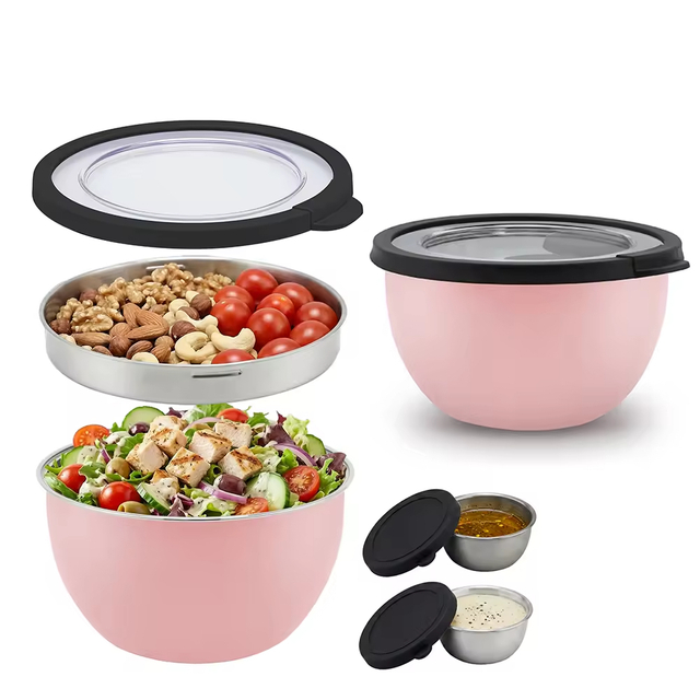 Wholesale Stainless Steel Salad Mixing Bowl Set With Tray Sauce Bowl Lid Home Kitchenware with Non-Slip Base Eco-Friendly