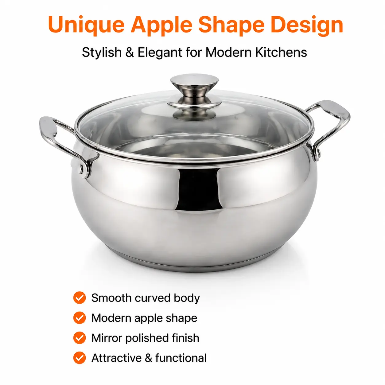 Factory Supply Stainless Steel Apple-Shaped Casserole With Stainless Steel Handle and 4mm Glass Lid Brazed Bottom Pots Casserole