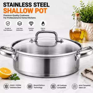 Factory Supply Stainless Steel Shallow Pot Set With Stainless Steel Handle & Glass Lid Brazed Bottom Shallow Pot