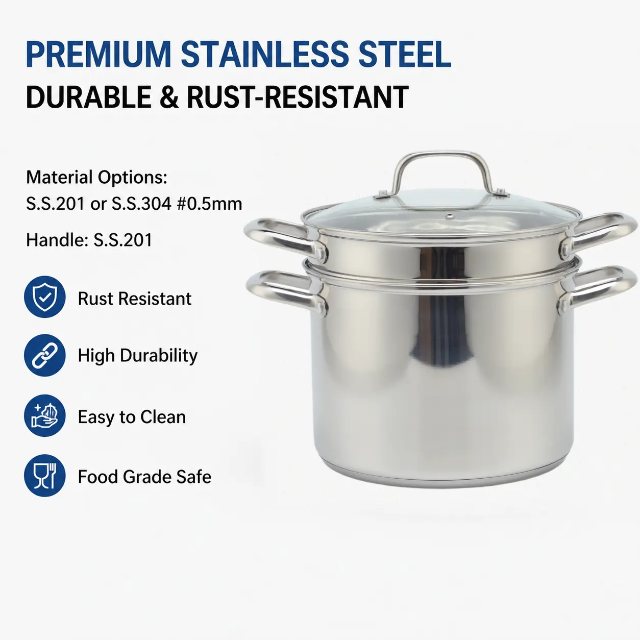 Factory Supply 8 Liter Stainless Steel Pasta Cooking Pot Set With 24cm Strainer for Pasta Steamer With Glass Lid Multi-Pot