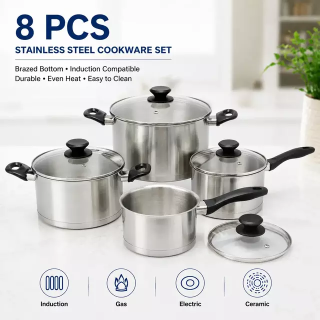 Factory New Arrival Stainless Steel Cookware Set with Bakelite Handle Cooking Pots Brazed Bottom Cookware Set Saucepan Casserole