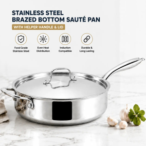 Factory New Arrival Brazed Bottom Stainless Steel Saute Pan with Stainless Steel Cover and Helper Handle Deep Saute Pan