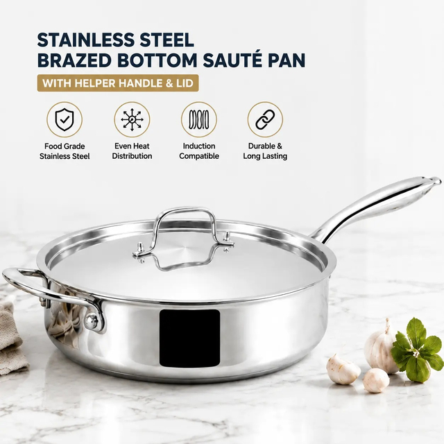 Factory New Arrival Brazed Bottom Stainless Steel Saute Pan with Stainless Steel Cover and Helper Handle Deep Saute Pan