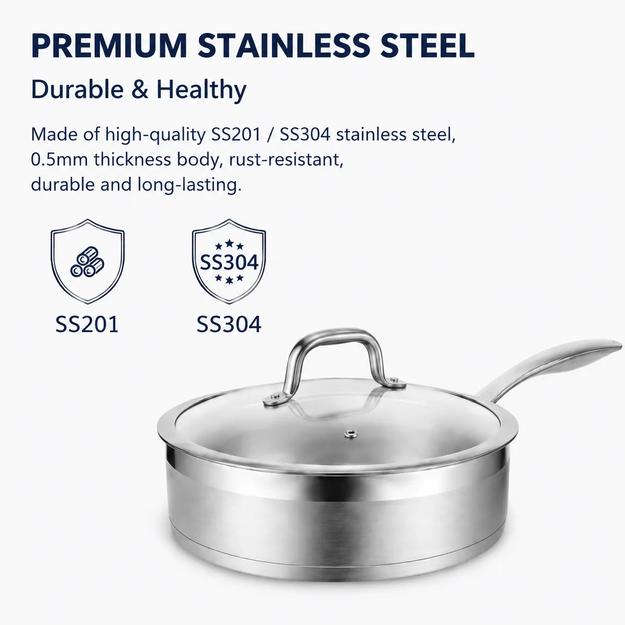 Factory Supply Stainless Steel Saute Pans With Stainless Steel Handle and Glass Lid Brazed Bottom Pans Saute Pans All Cooktops