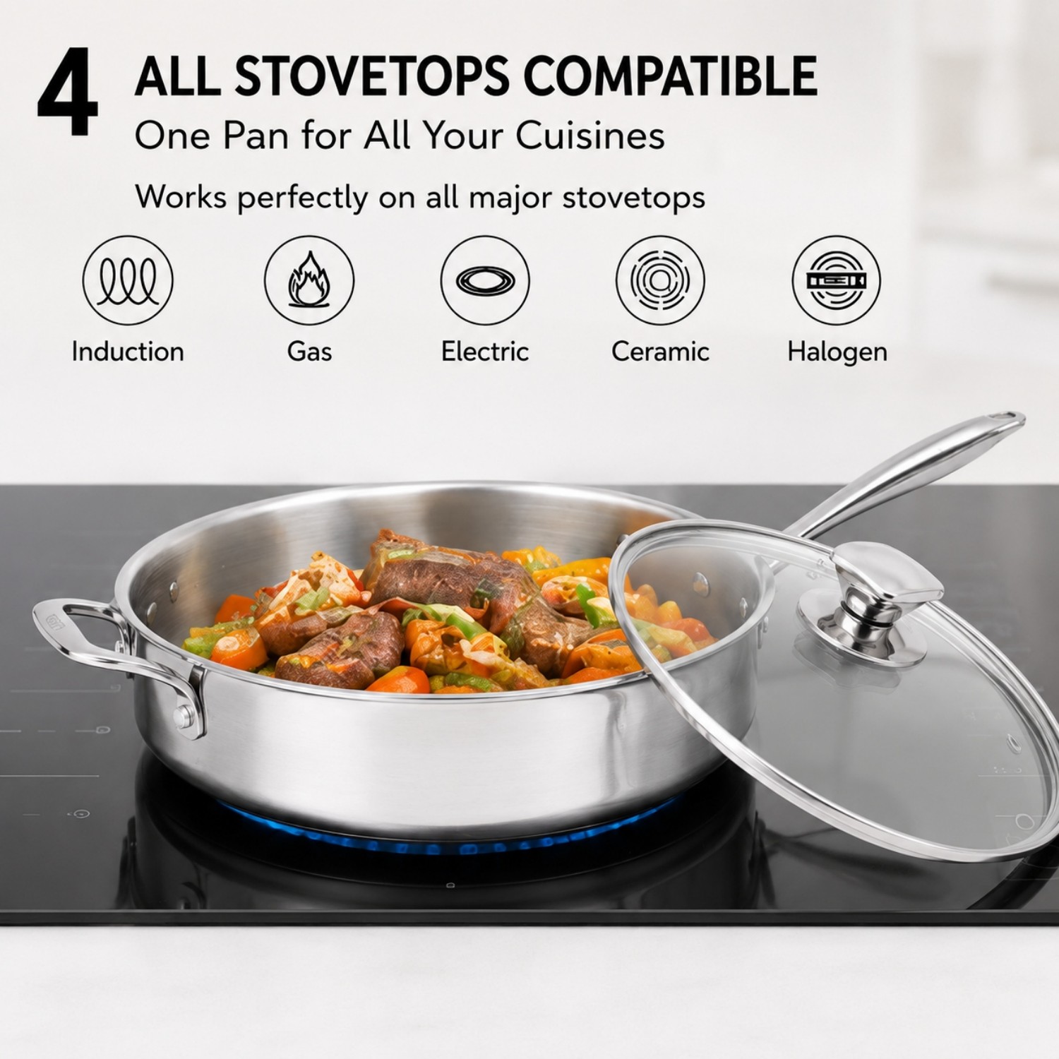 Factory New Arrival Multipurpose Tri-Ply Stainless Steel Saute Pan with Cover and Helper Handle Stainless Steel Deep Saute Pan