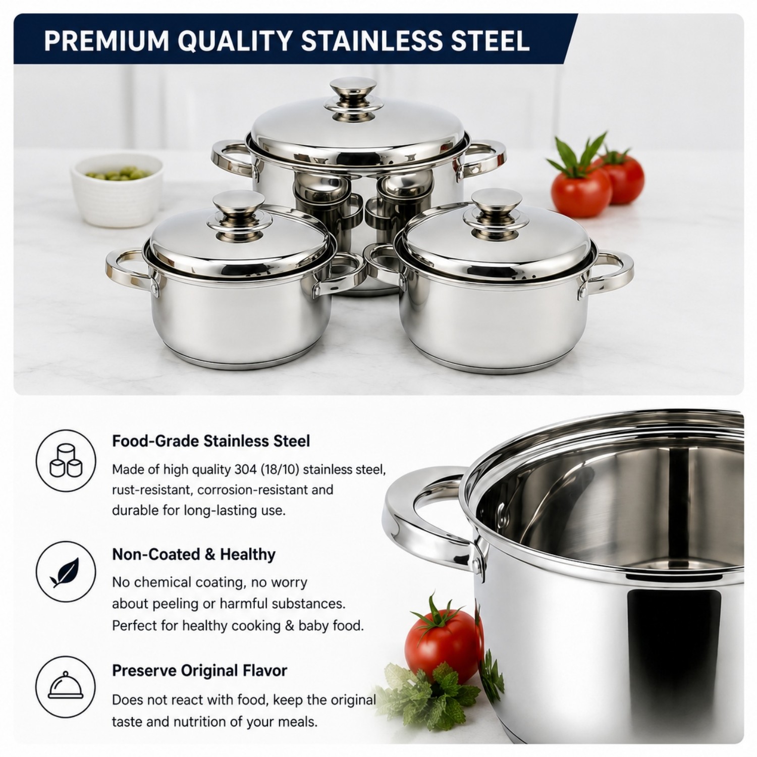 2026 Factory New Arrival Multipurpose Wholesale Custom Kitchen Stainless Steel Cooking Pot Casserole Set Pot 6 Pieces Cookware Sets