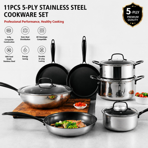 Factory New Arrival Wholesale 11 Pieces 5-ply Stainless Steel Cookware Sets 5-ply Kitchen Cooking Pan Pot Set with Black Handle