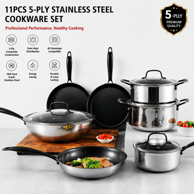 Factory New Arrival Wholesale 11 Pieces 5-ply Stainless Steel Cookware Sets 5-ply Kitchen Cooking Pan Pot Set with Black Handle