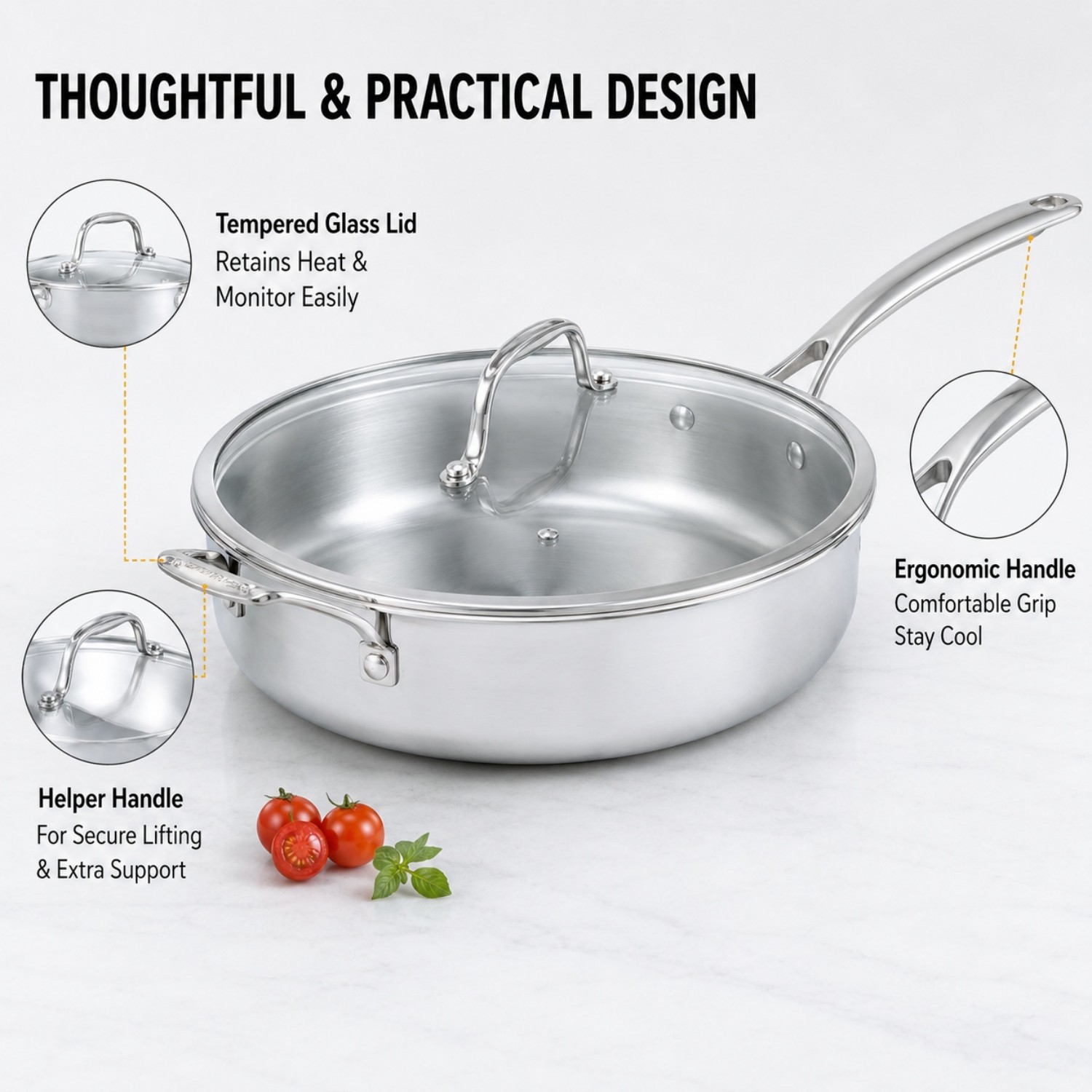 Hot Sale Factory New Arrival Non-coating Triply Stainless Steel Saute Pan Stainless Steel Pan with Handle Cooking Pots Skillets