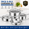 Factory New Arrival 7 Pieces 5-ply Stainless Steel Cookware Sets 5-ply Kitchen Cooking Pan Pot Set with Stainless Steel Handle