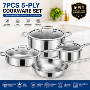 Factory New Arrival 7 Pieces 5-ply Stainless Steel Cookware Sets 5-ply Kitchen Cooking Pan Pot Set with Stainless Steel Handle